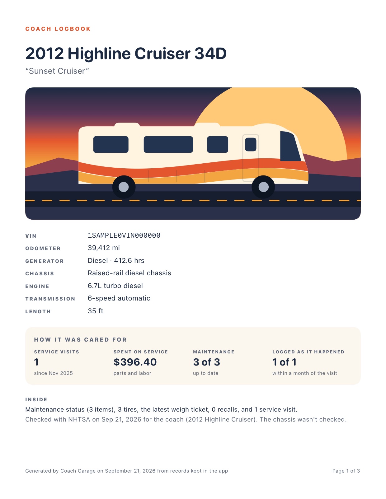 First page of a Coach Garage buyer logbook: the coach, its specs and how it was cared for.