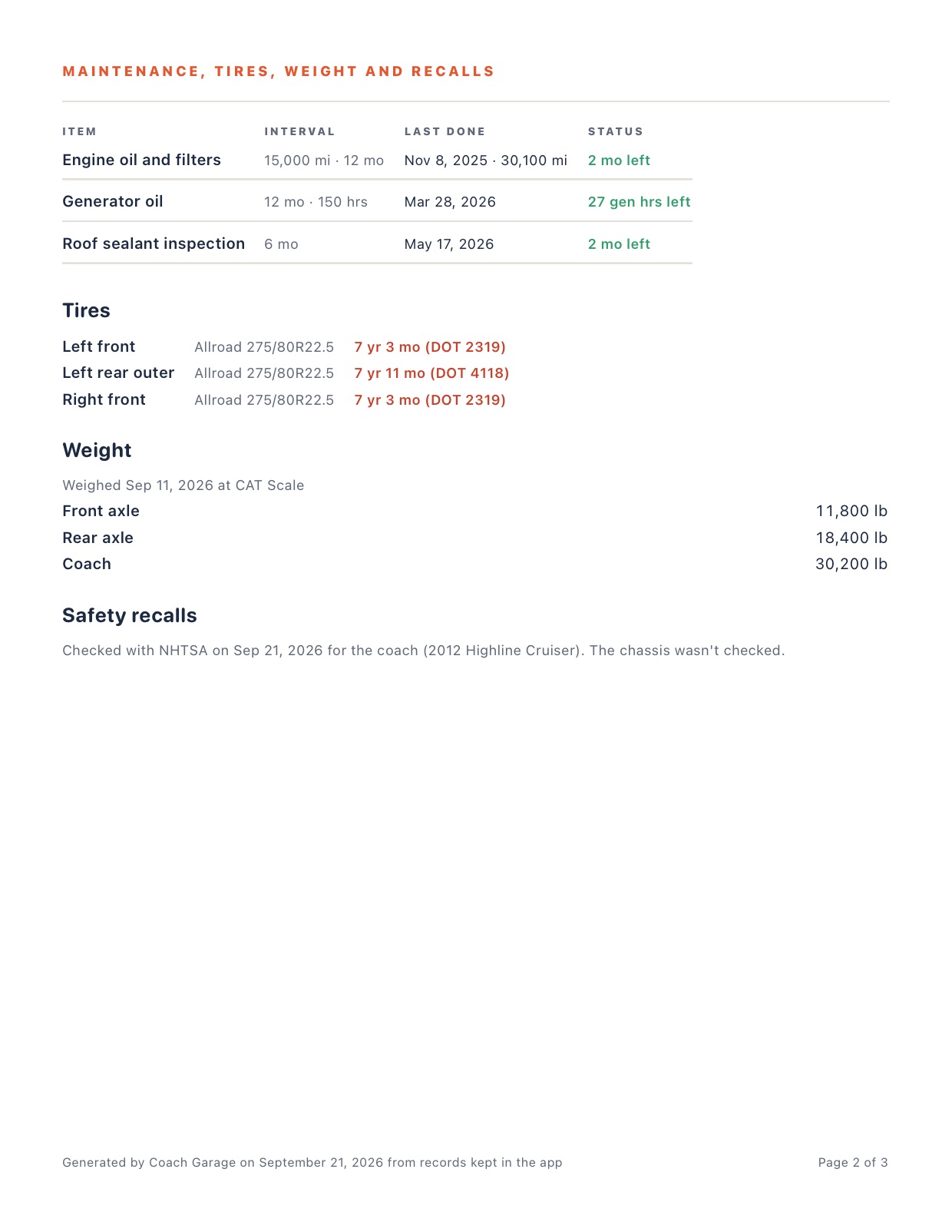 Second page of the buyer logbook: maintenance status and tires.