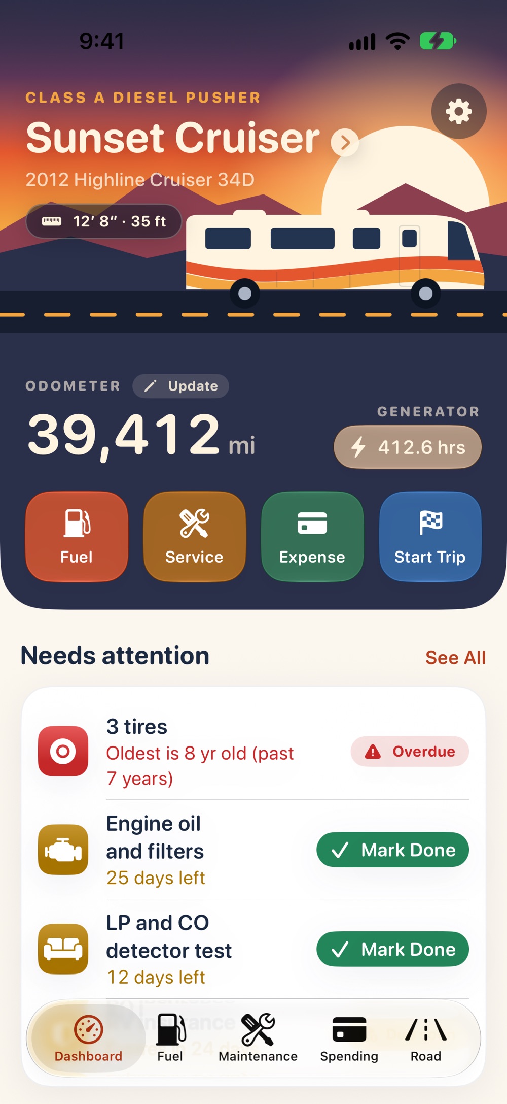 The Coach Garage dashboard: the coach's name over a sunset, the odometer, quick buttons for fuel, service, expense and trips.