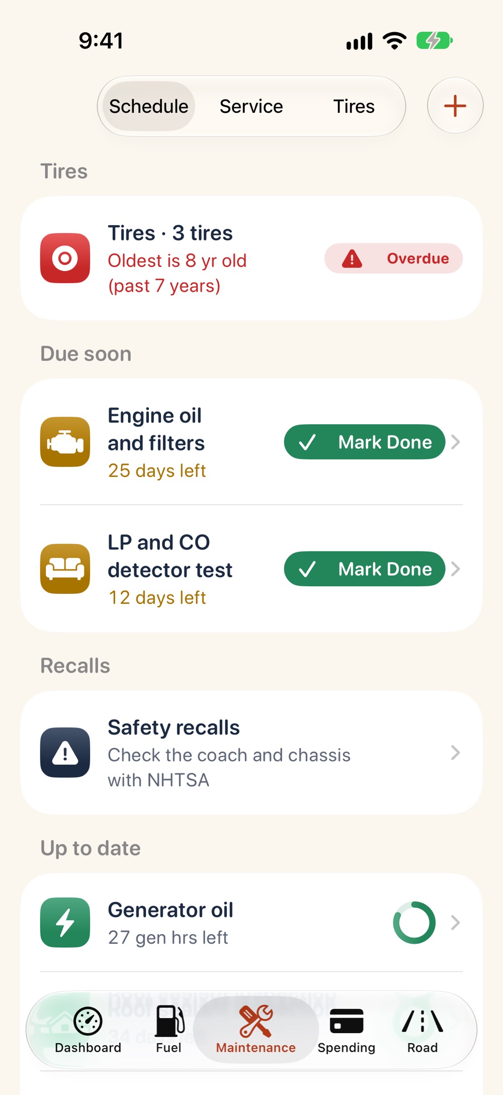 The maintenance schedule: tires overdue, engine oil and an LP detector test due soon with Mark Done buttons, and items up to date.