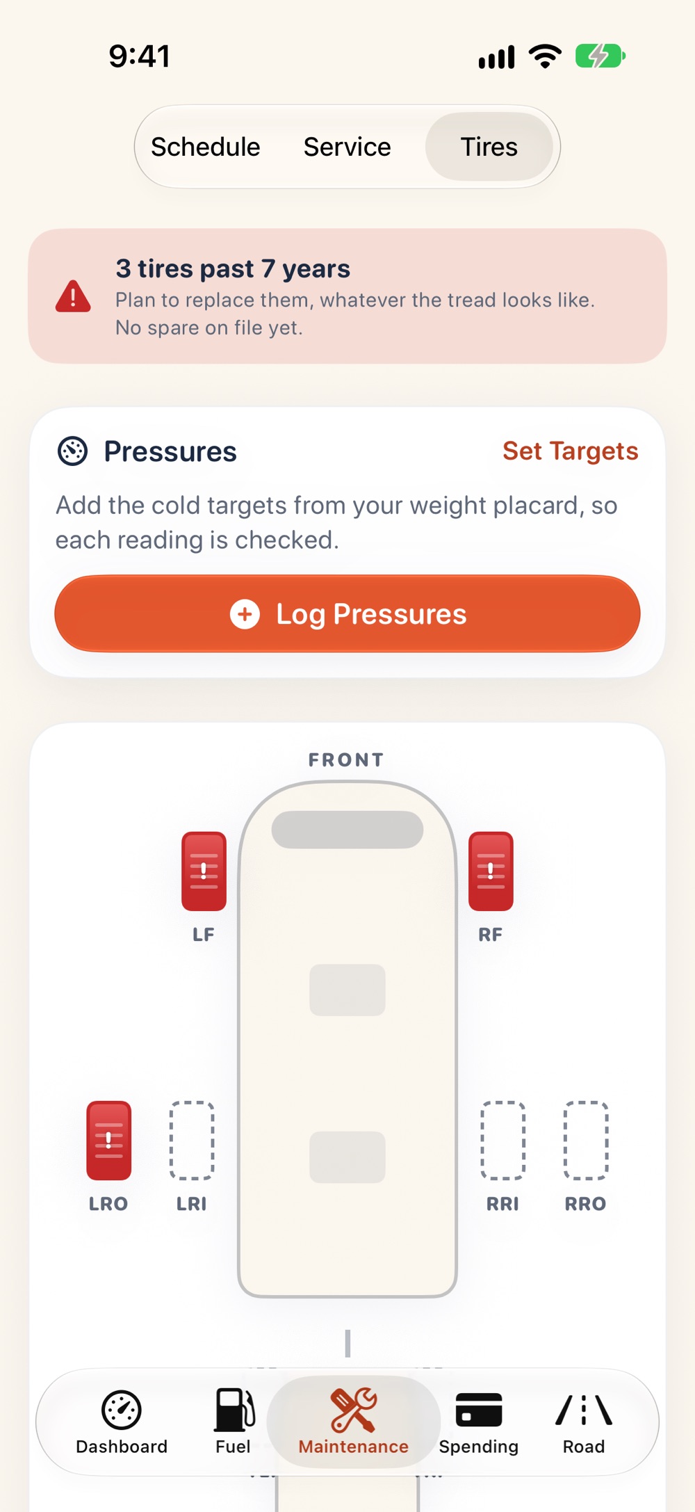 Tires: an age warning, cold pressures by axle and the tire diagram.