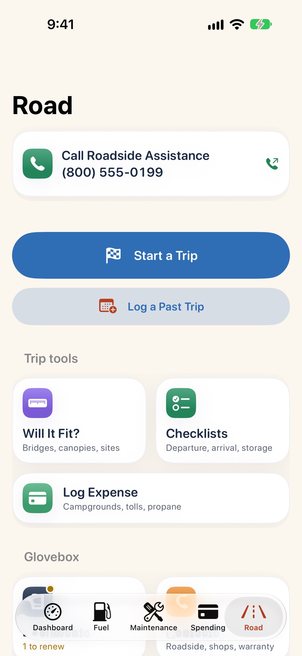The Road tab: call roadside assistance, start a trip, trip tools and the glovebox.