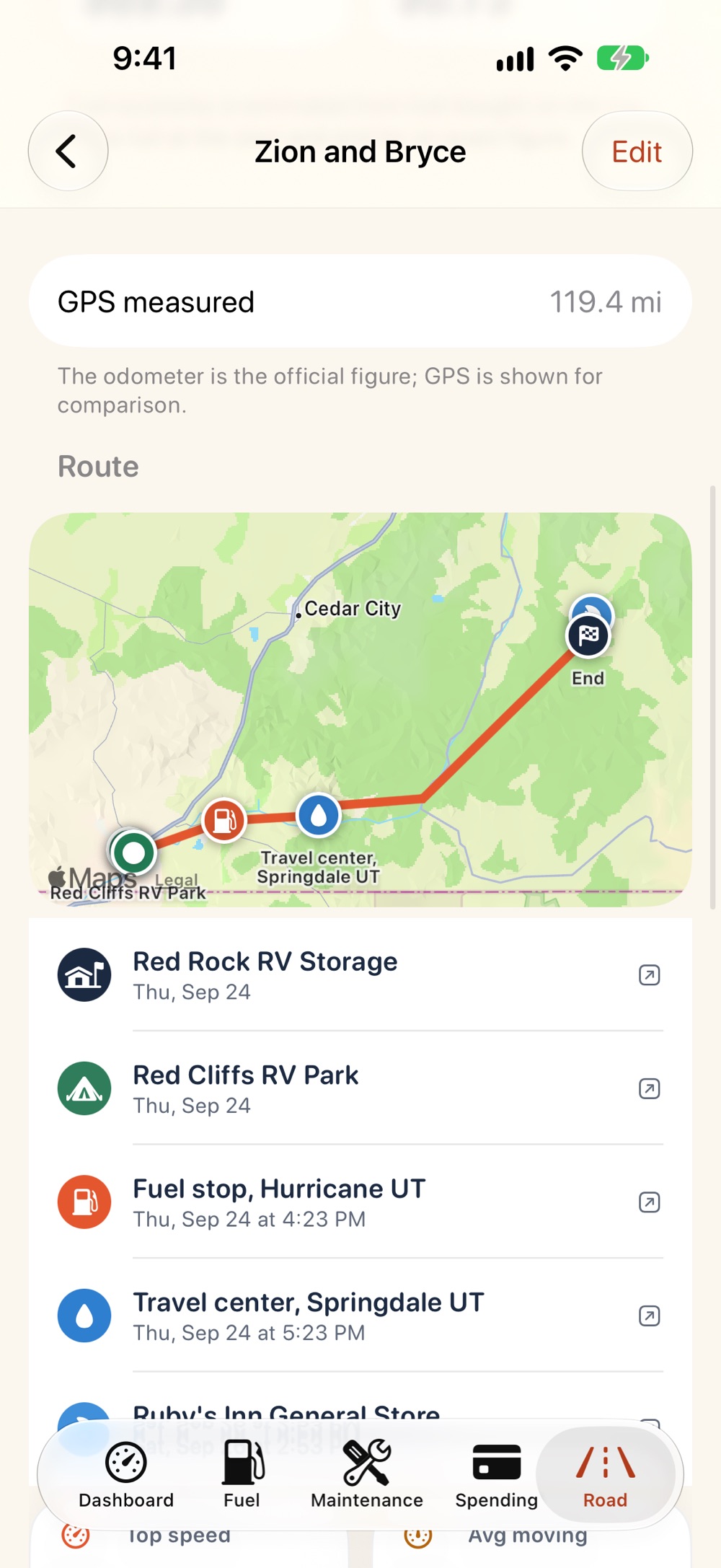 A trip's route on a map with its stops: the storage lot, a campground, a fuel stop, a DEF refill and a propane fill.