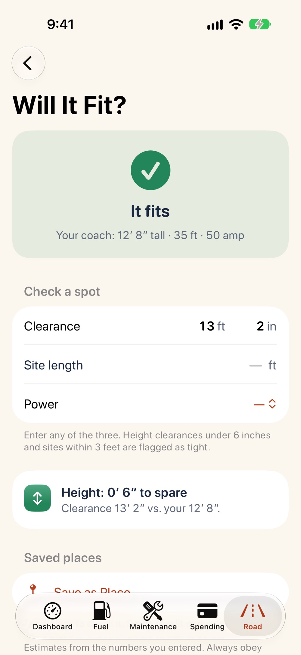 Will It Fit: a 13 foot 2 inch clearance checked against the 12 foot 8 inch coach. It fits, with 6 inches to spare.