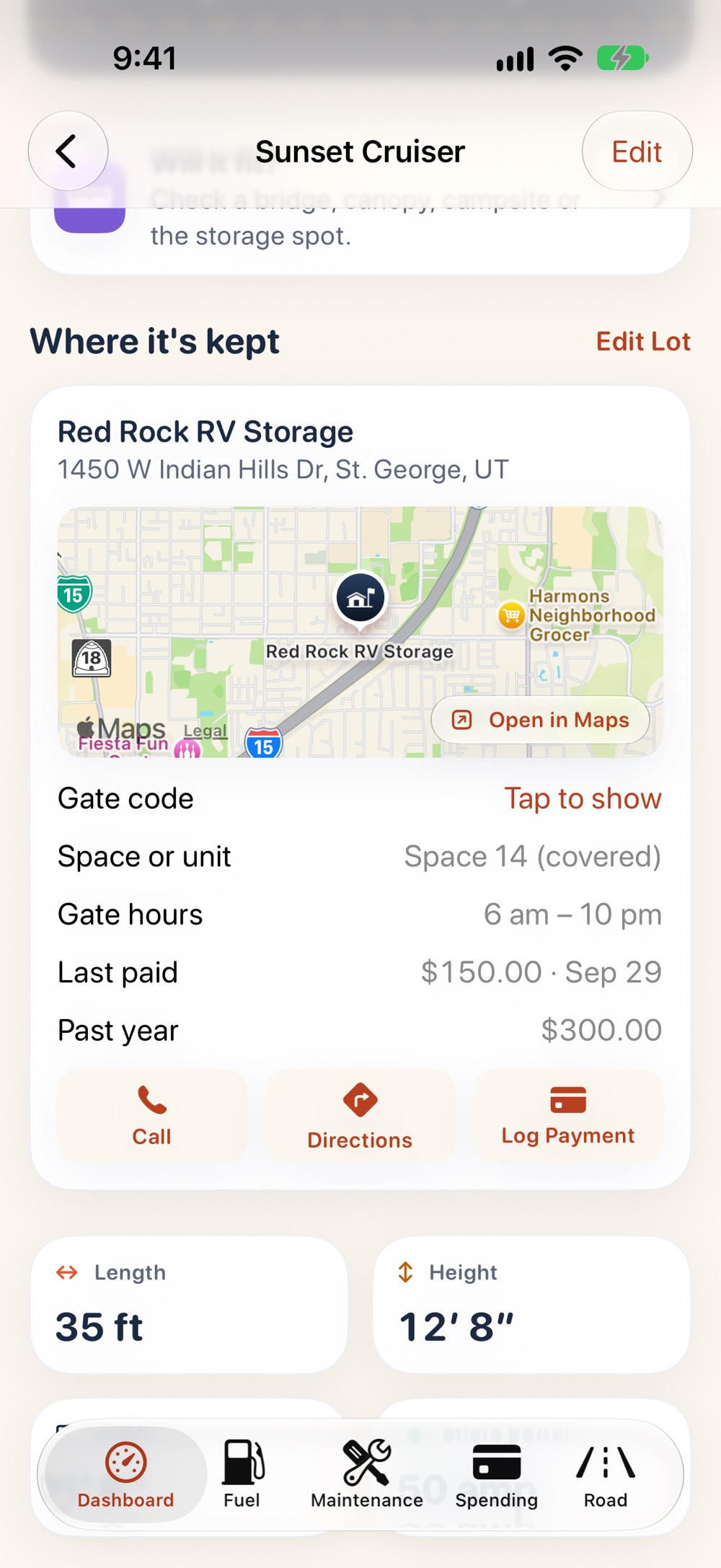 Where the coach is kept: the storage lot on a map, gate code hidden until tapped, space, gate hours, costs, call and directions.